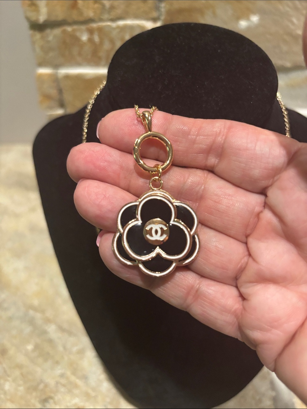 Gold-Tone CC Floral Pendant Necklace with Logo Accent - Picture 4 of 5